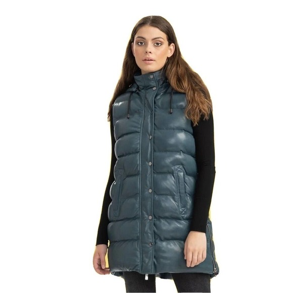 New Bod & Christensen Womens Tahira Vest Long Puffer 100% Leather Blue Medium